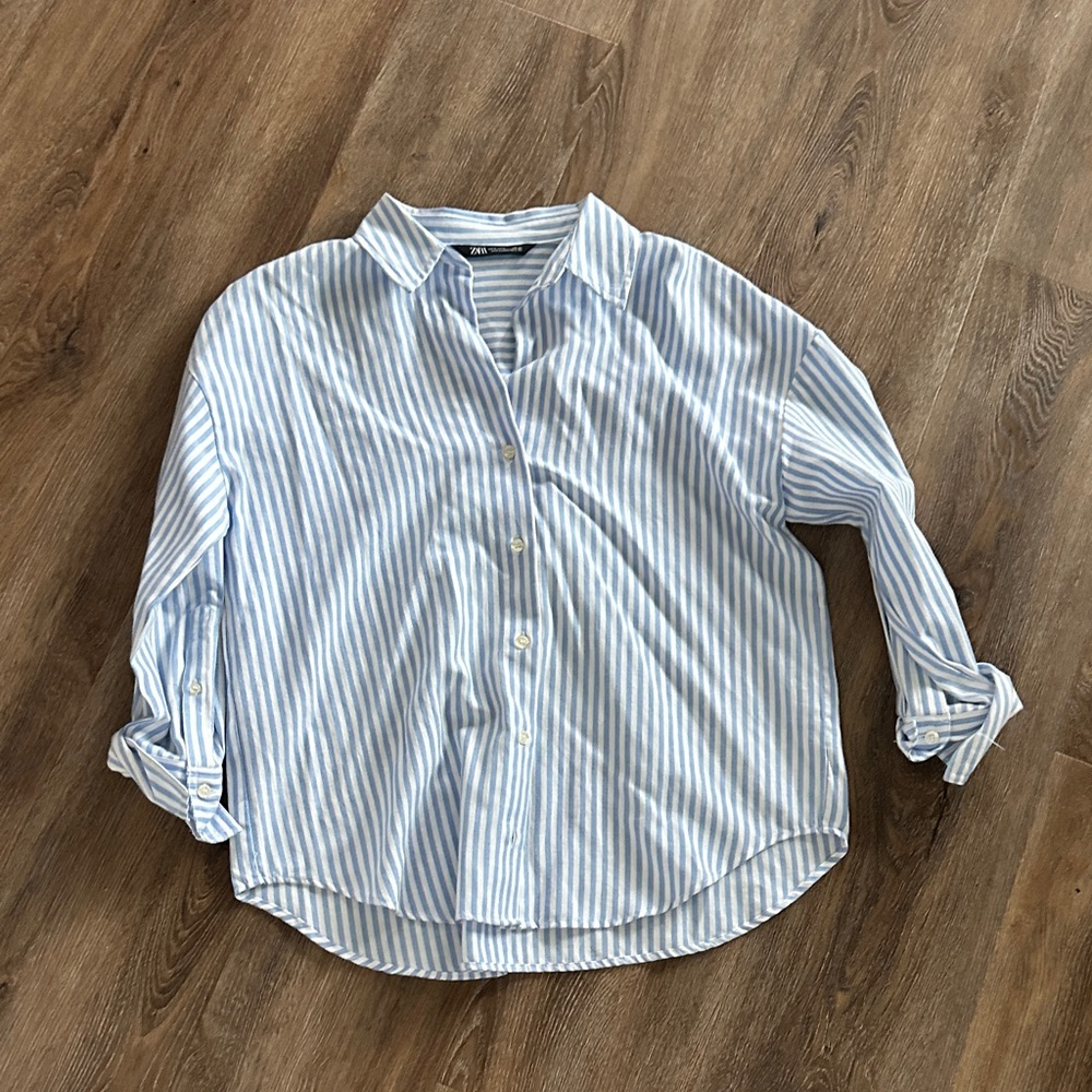 Zara Blue and White Striped Button Down Shirt